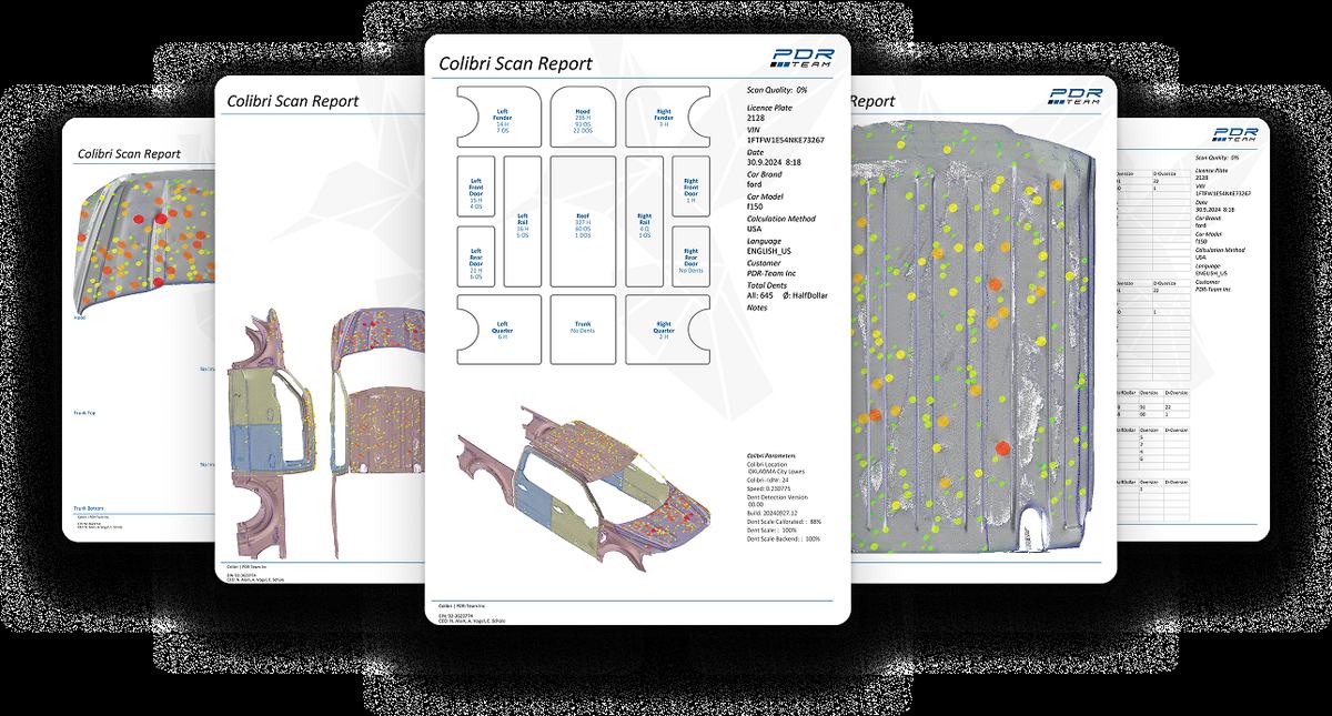 Pages of a Colibri scan report showing panel-by-panel damage mapping