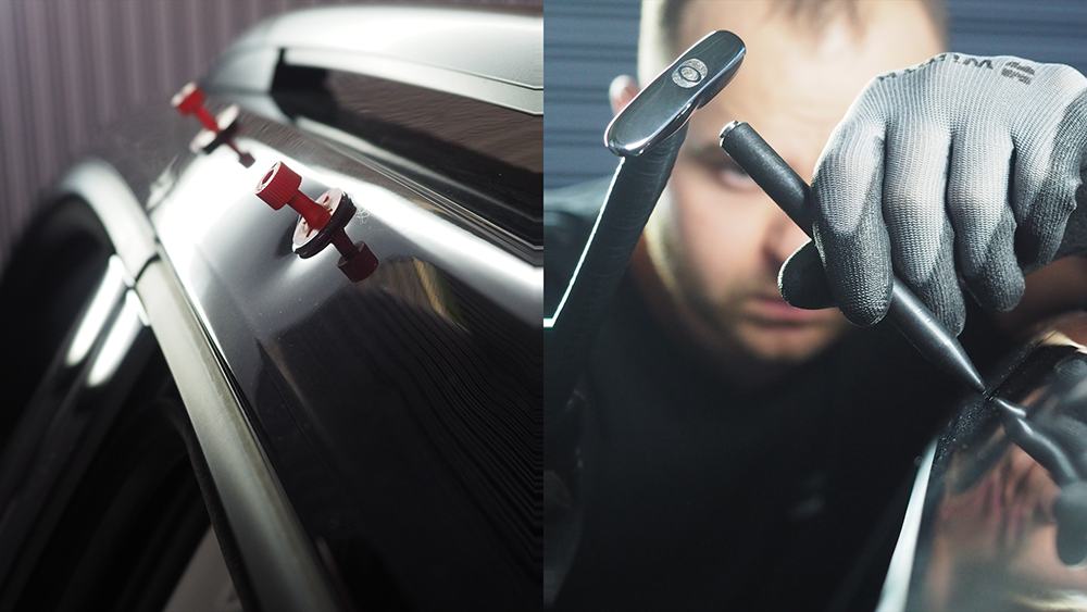 Glue tabs set on a dented panel, and a technician drawing a dent out with the puller